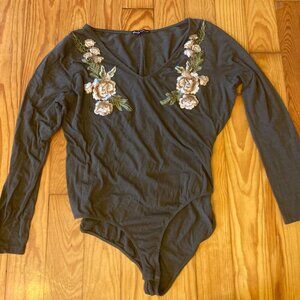 **SOLD** Dark Gray/Green Charlotte Russe Bodysuit with Floral Embroidery Detail